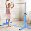 Kids smiling while practicing ballet at an adjustable blue gymnastics horizontal bar, perfect for home training.