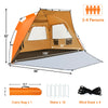 3-4 person orange pop-up beach tent with UPF 50+ protection, large front porch, and 3 mesh windows for ventilation.