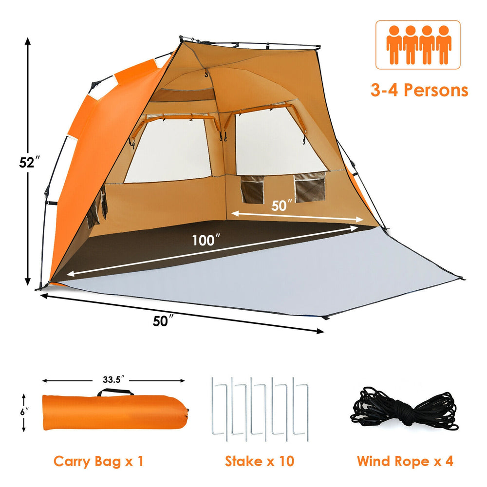 3-4 person orange pop-up beach tent with UPF 50+ protection, large front porch, and 3 mesh windows for ventilation.