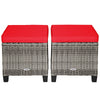 Set of 2 patio rattan wicker ottomans with red removable cushions, perfect for outdoor use in garden or poolside.