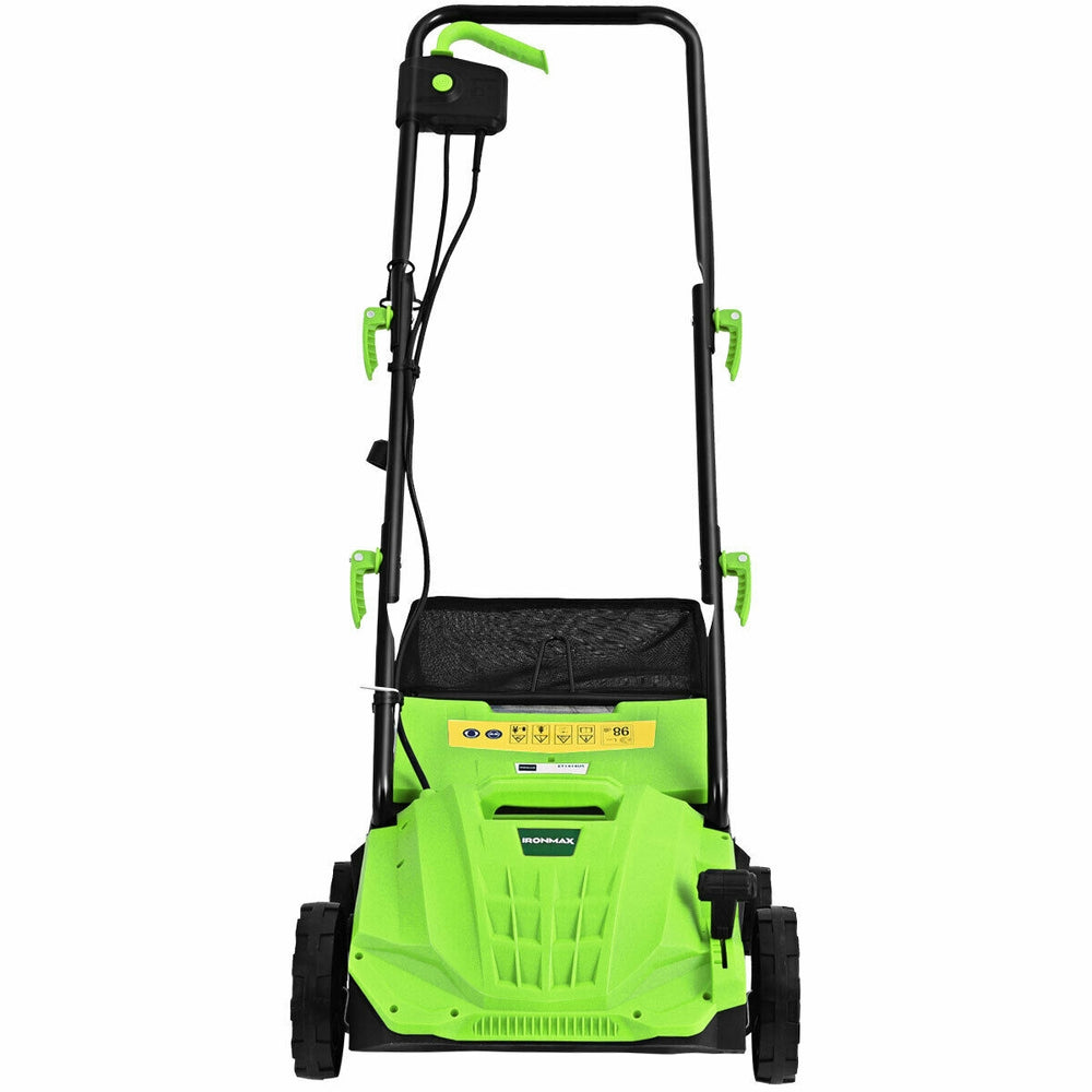 Front view of the 13 Inch 12 Amp Electric Scarifier in green, showcasing its powerful motor and ergonomic carrying.