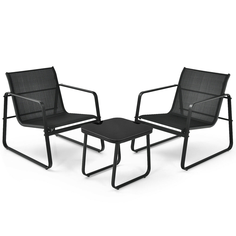 Cozy black patio chair featuring a breathable fabric seat and ergonomic armrests, ideal for comfortable outdoor.
