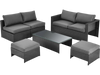 6-piece patio rattan furniture set with gray cushions, including loveseat, armless sofas, ottomans, and glass table for.