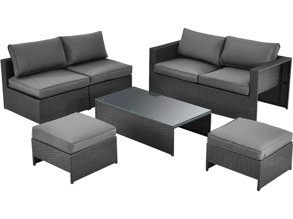 6-piece patio rattan furniture set with gray cushions, including loveseat, armless sofas, ottomans, and glass table for.