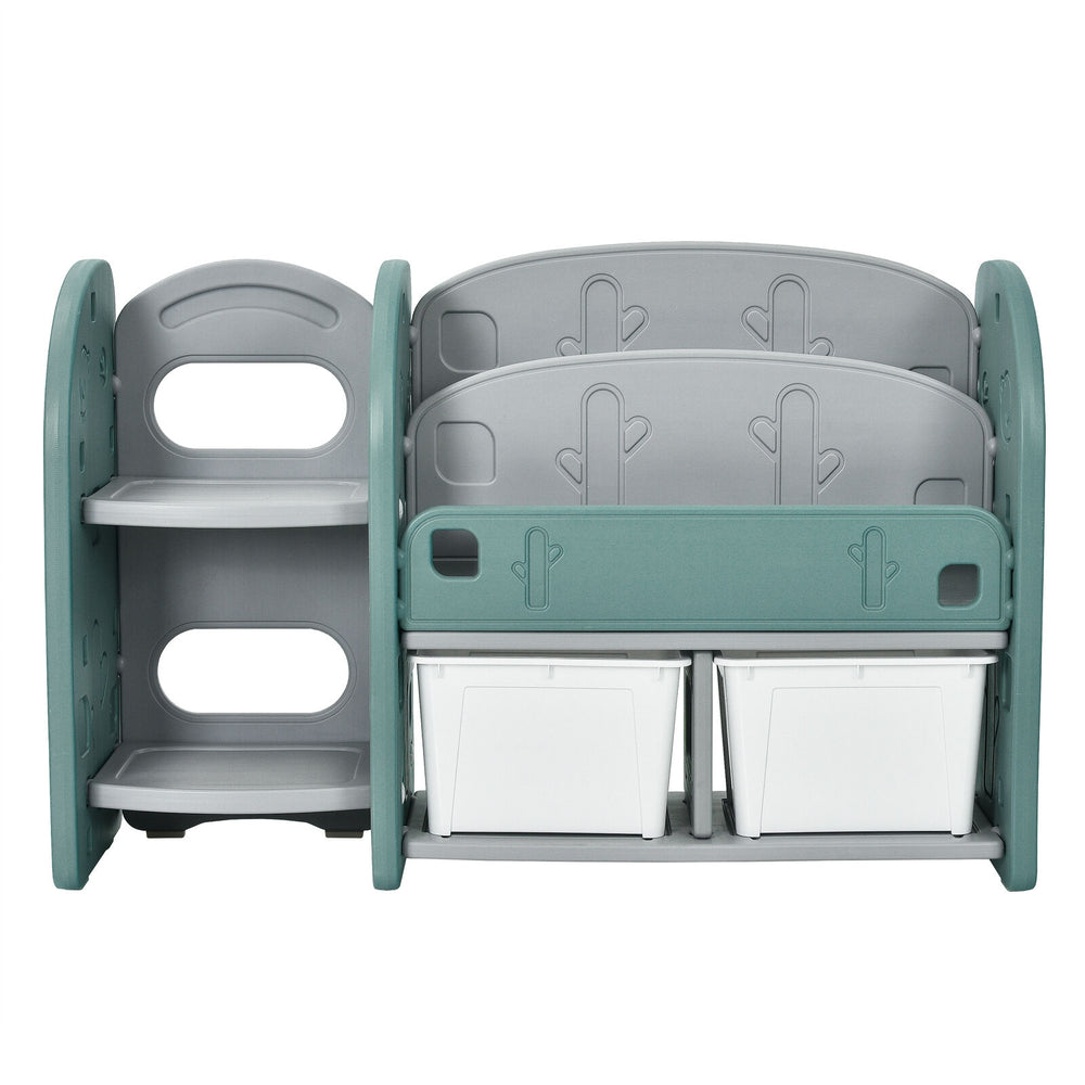 Kids toy storage organizer with 2-tier bookshelf and detachable bins, made from safe HDPE material for easy.