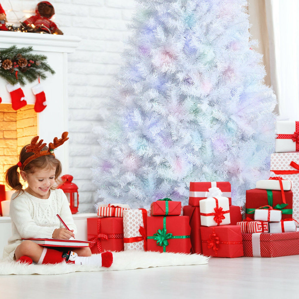 Iridescent white Christmas tree with 792 branch tips, surrounded by festive red gifts, perfect for holiday decoration.