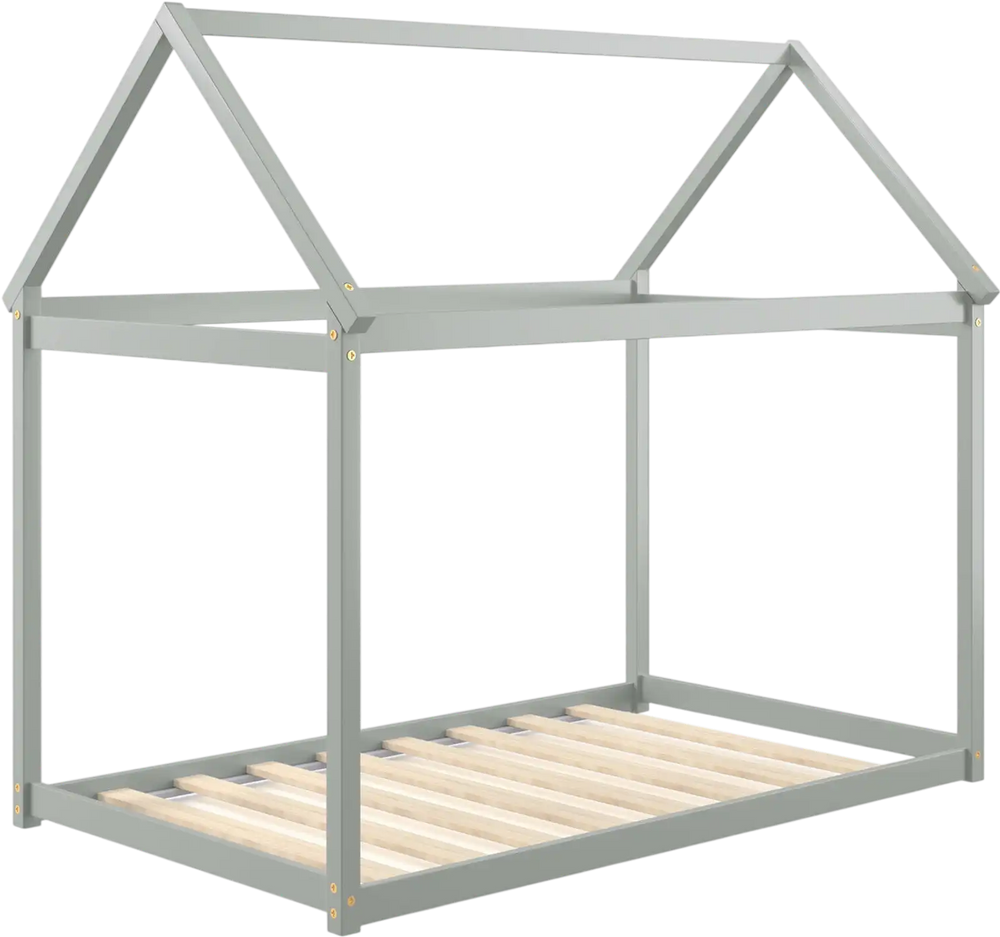 Gray stable kids platform floor bed with roof and heavy-duty slats, designed for durability and fun DIY customization.