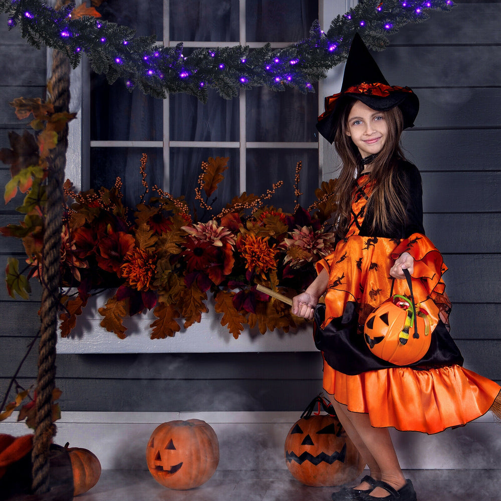 Pre-lit Halloween garland with 50 purple LED lights, featuring a black design for festive decoration and atmosphere.