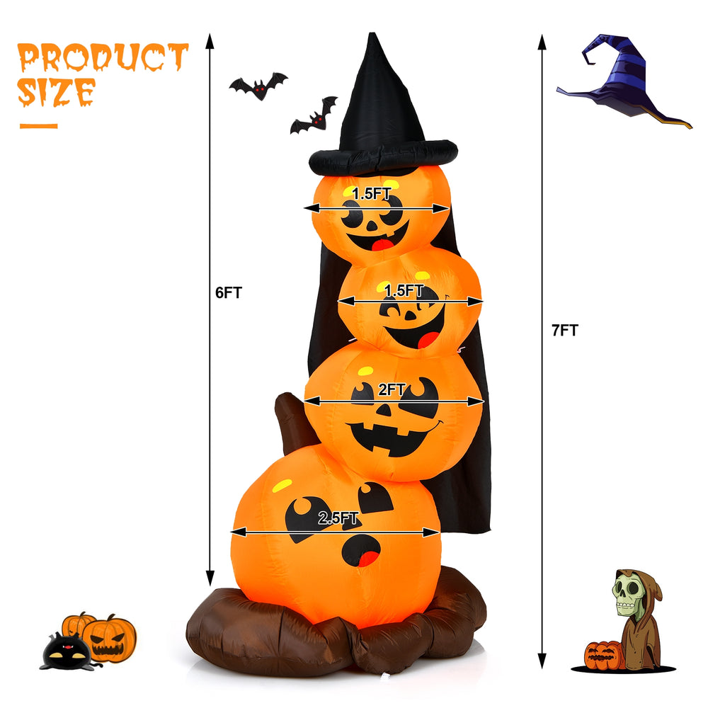 Detailed view of 7 feet Halloween inflatable pumpkin combo with witch's hat, showcasing vibrant expressions and LED.
