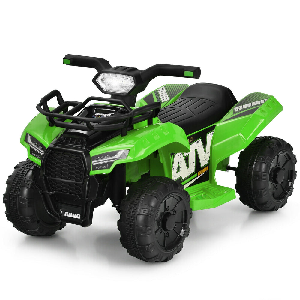 Green 6V kids ATV quad electric ride-on car showcasing the sturdy design and side footrests for comfortable seating.