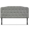 Light gray queen upholstered headboard with button detailing, adjustable heights, and sturdy plywood construction.