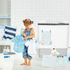 Child hanging clothes near a 2-in-1 portable washing machine, showcasing its compact design and versatile washing.