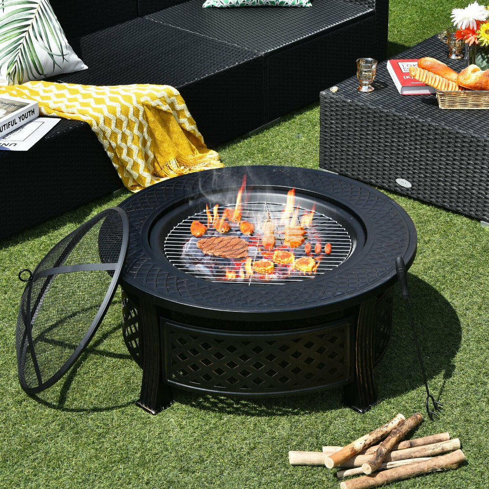 Outdoor fire pit with BBQ grill, high-temp finish, and mesh cover, perfect for backyard gatherings and cooking.