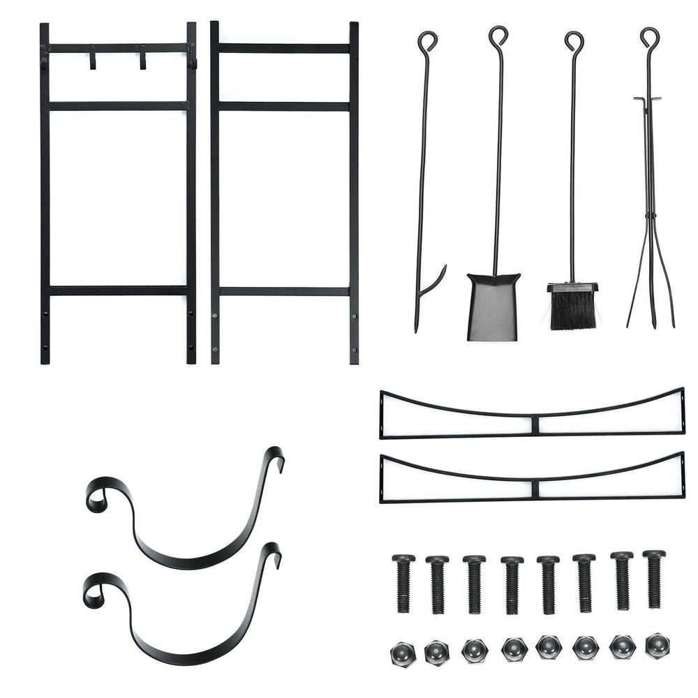 30-inch firewood rack with 4 tool set, including kindling holders, designed for indoor and outdoor use.