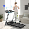 Folding treadmill with LED display and heart rate belt, ideal for home workouts and easy storage.