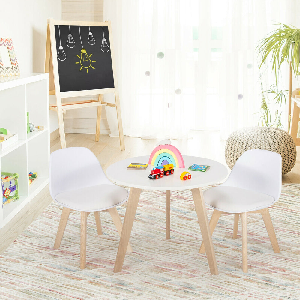 Round kids activity play table with spacious surface and two chairs featuring ergonomic cushions, ideal for creative.