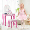 Kids wooden makeup dressing table and chair set in pink, featuring a spacious tabletop for easy play and makeup.
