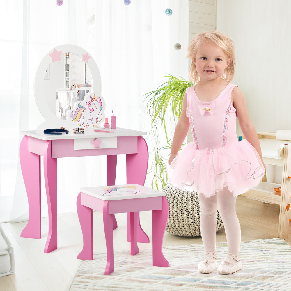 Kids wooden makeup dressing table and chair set in pink, featuring a spacious tabletop for easy play and makeup.