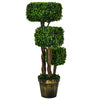Artificial boxwood topiary tree with three square foliage balls in a golden planter, perfect for indoor and outdoor.