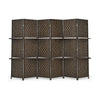 6-panel folding room divider in brown with hand-woven fiber design and two display shelves for versatile home decor.