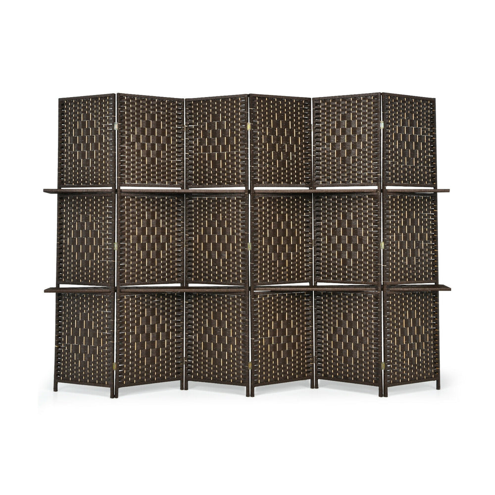 6-panel folding room divider in brown with hand-woven fiber design and two display shelves for versatile home decor.