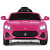 Front view of the pink 12V Maserati kids ride-on car showcasing the sporty design, LED lights, and lockable doors for.