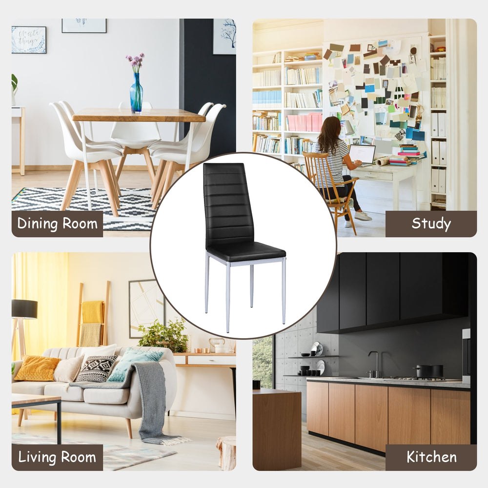 Black PVC leather dining side chair with painted steel legs, featuring a modern design for stylish dining spaces.