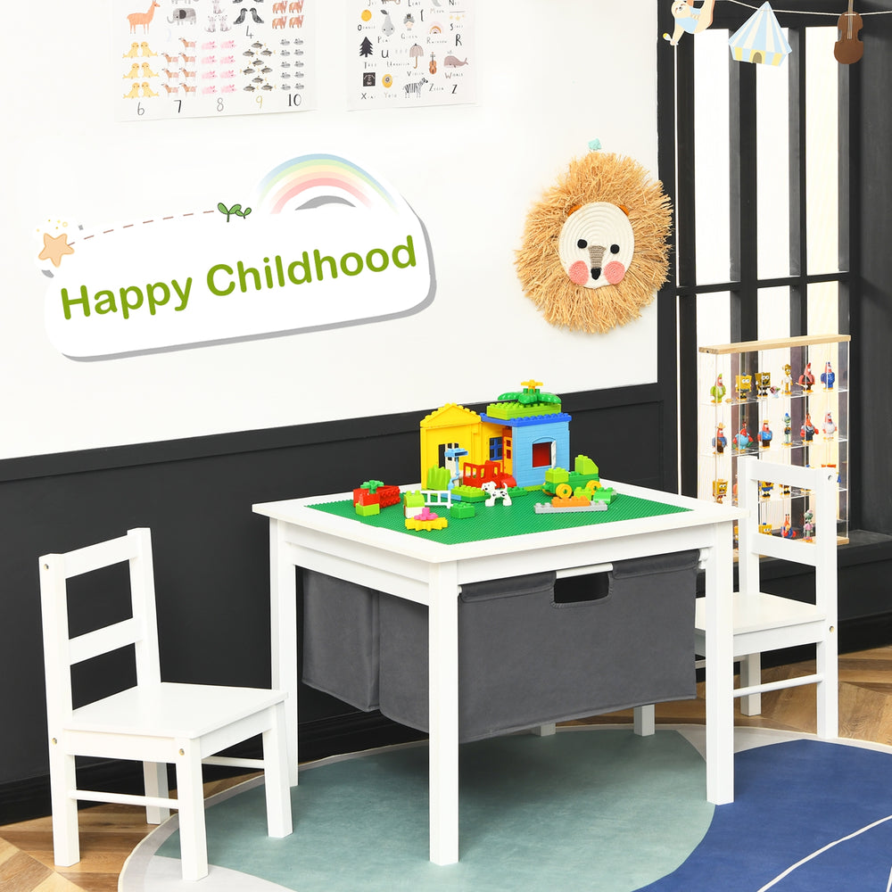 Kids activity table set with a white finish, featuring two ergonomic chairs and ample under-table storage for toys.
