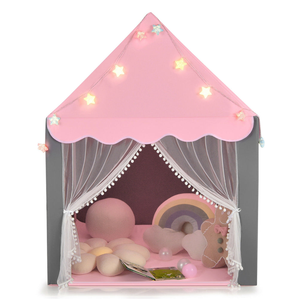 Kids playhouse tent in pink with star lights, mesh windows, and a comfortable cotton mat for indoor fun.