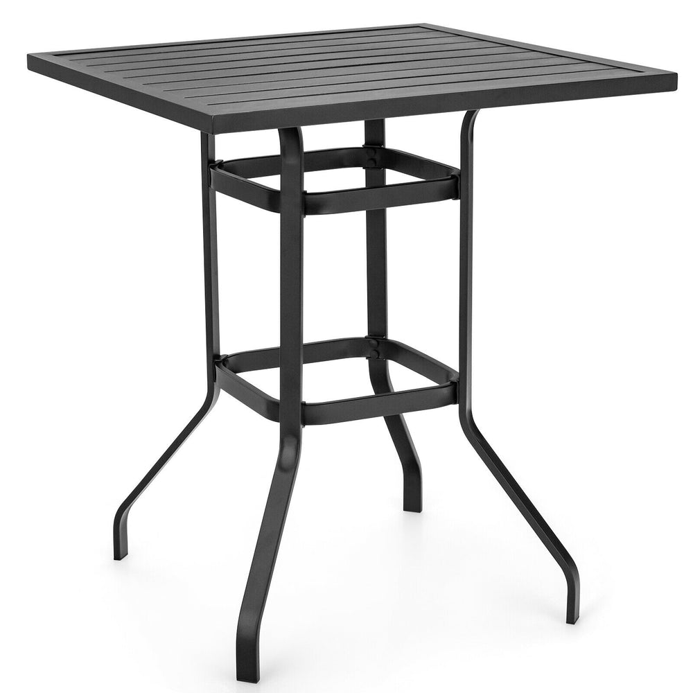 Square bar table with a heavy-duty steel frame, 32" x 32" tabletop, ideal for outdoor use by the pool or garden.