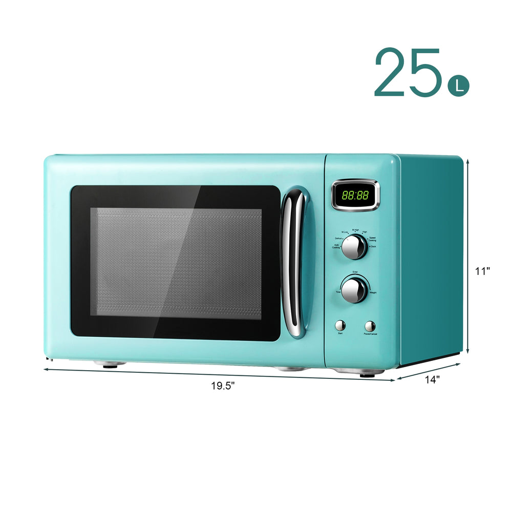 Retro green countertop microwave oven with 0.9 Cu. Ft capacity, 5 power levels, and LED display for easy cooking.