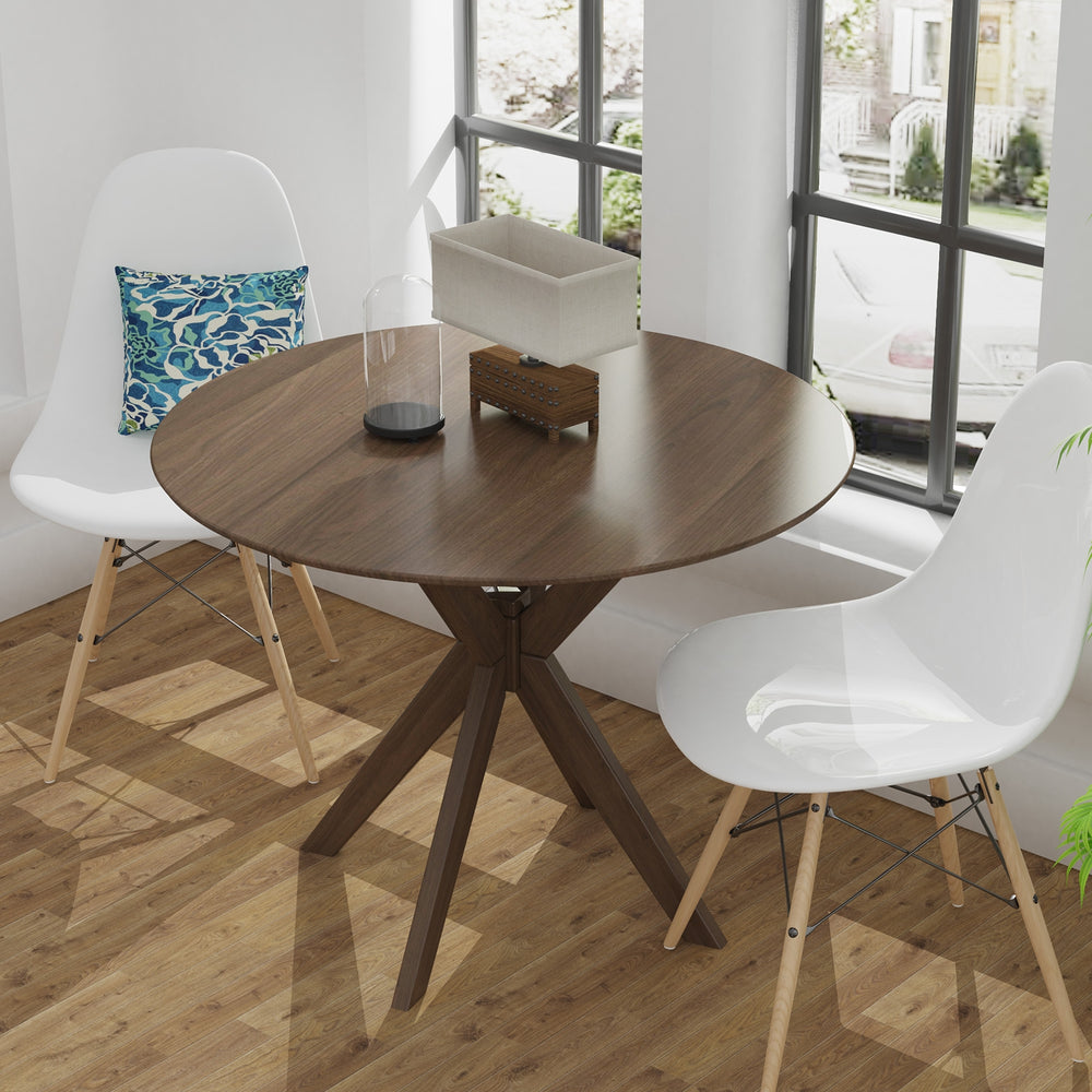 Round 36-inch wood dining table with intersecting pedestal base, ideal for family gatherings and versatile decor.