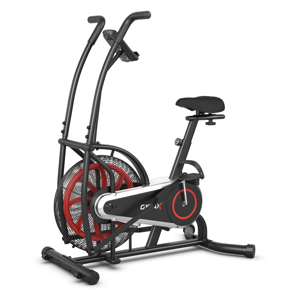 Upright air bike with unlimited resistance, featuring anti-slip handles, adjustable seat, and LCD monitor for full body.