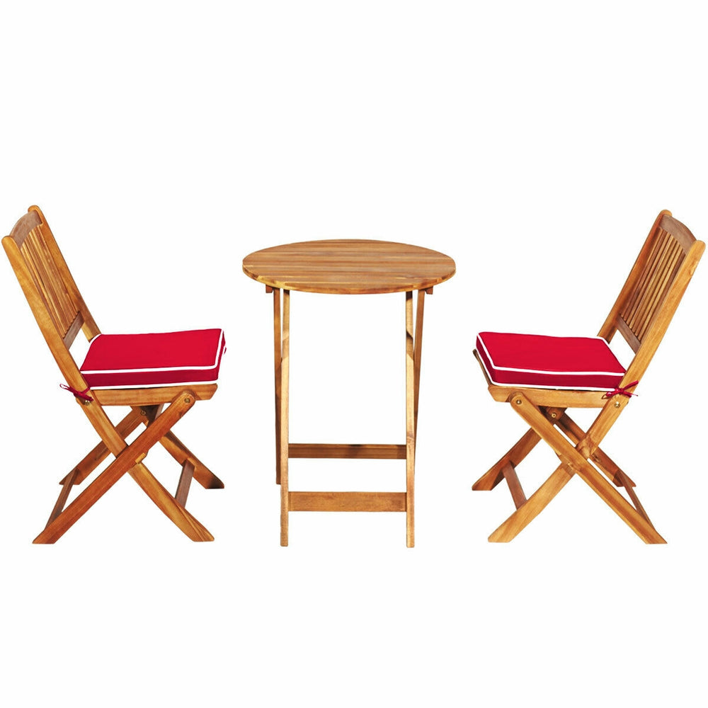 Acacia wood folding chair with a red padded cushion, designed for ergonomic comfort and easy outdoor storage.