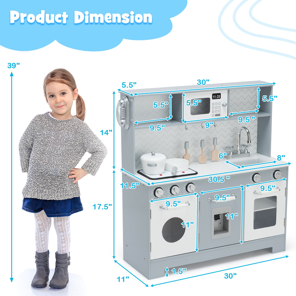 Pretend play kitchen wooden toy set for kids with realistic light and sound, featuring removable sink and stylish.
