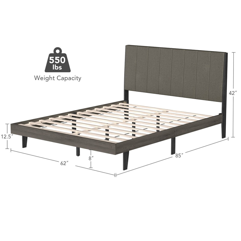 Queen size upholstered bed frame with tufted headboard, featuring 12 wooden slats and 8" under-bed storage space.
