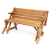Transforming wooden picnic table bench in dark brown, accommodates 4 people, features umbrella hole for outdoor.