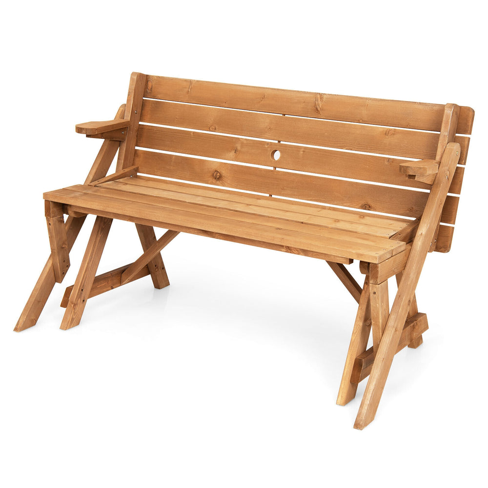 Transforming wooden picnic table bench in dark brown, accommodates 4 people, features umbrella hole for outdoor.