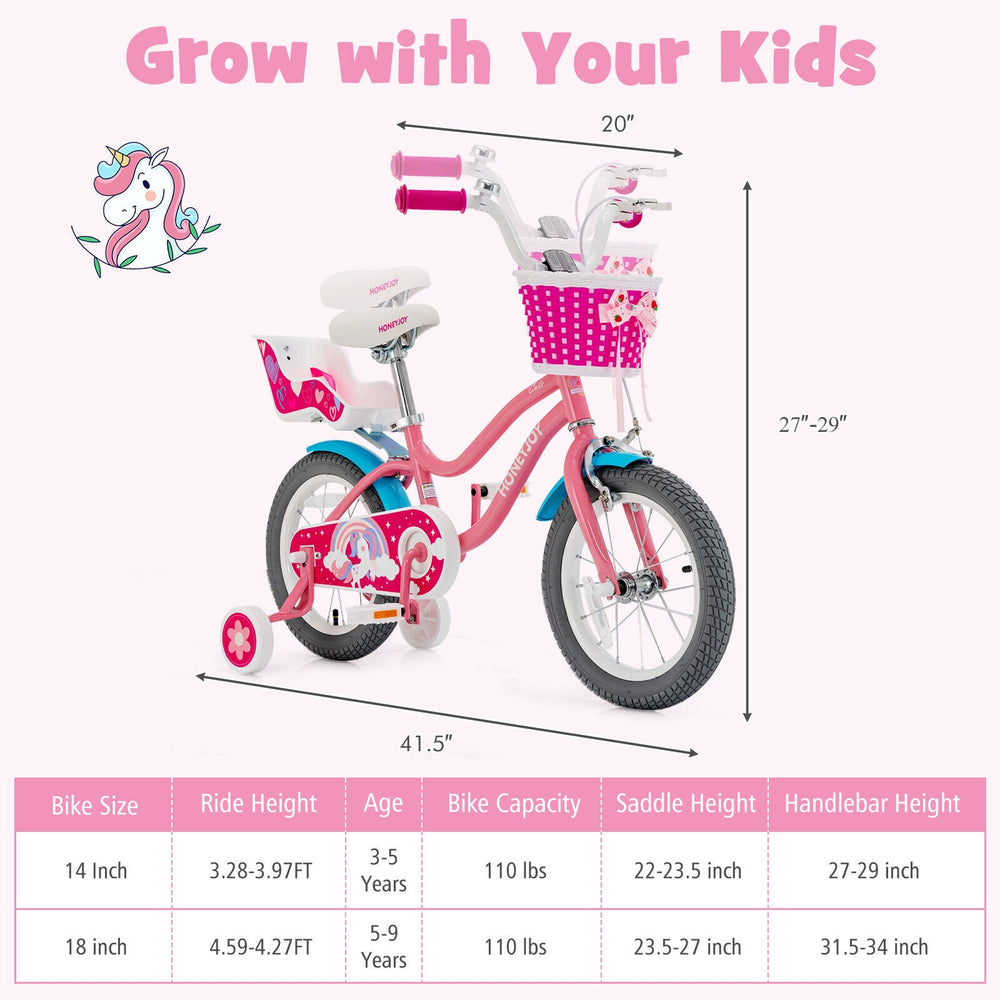 Kids' 14-inch bicycle with training wheels, doll seat, and basket, designed for ages 3-9 years, perfect for outdoor fun.