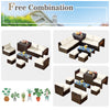 8-piece patio rattan furniture set with white cushions, including a coffee table, storage box, and versatile seating.