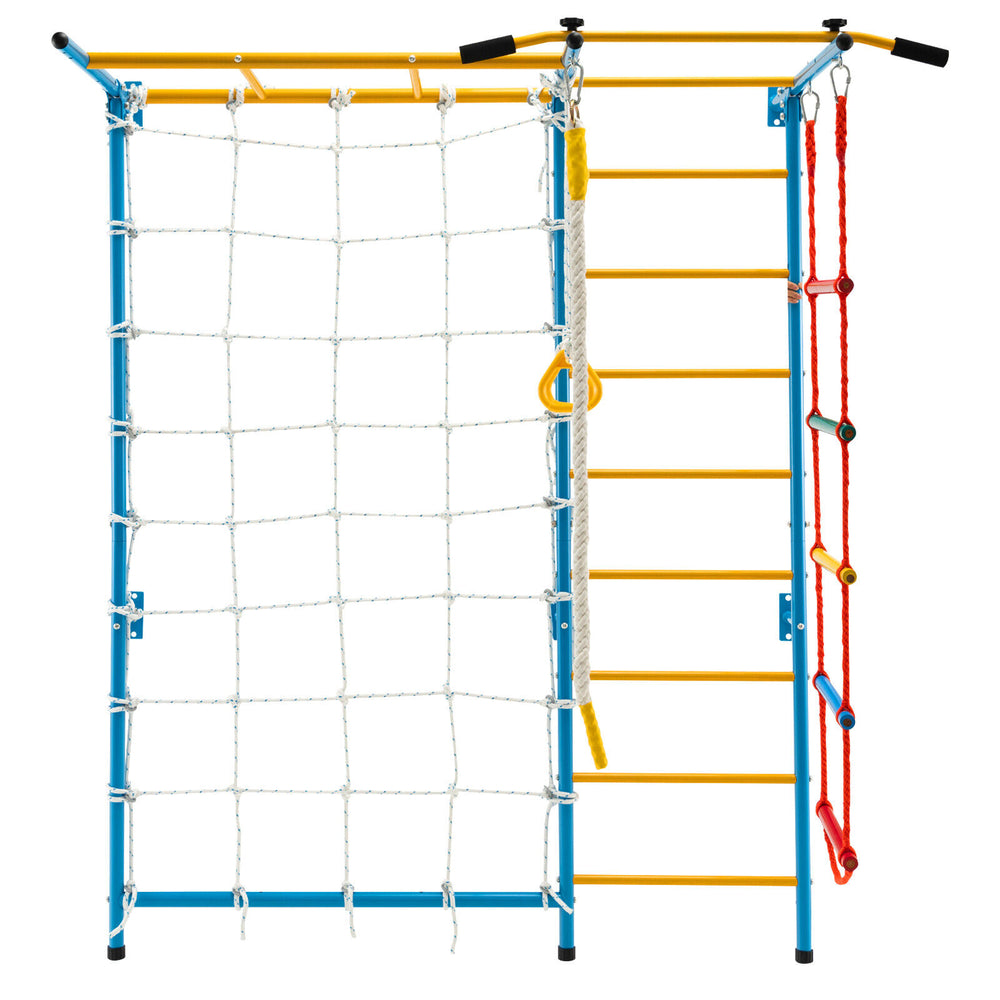 7-in-1 kids indoor gym playground featuring monkey bars, rope wall, and pull-up bar for active play and fun.