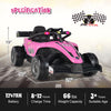 Side view of the pink 12V kids ride-on electric Formula racing car, highlighting its sporty design and comfortable.