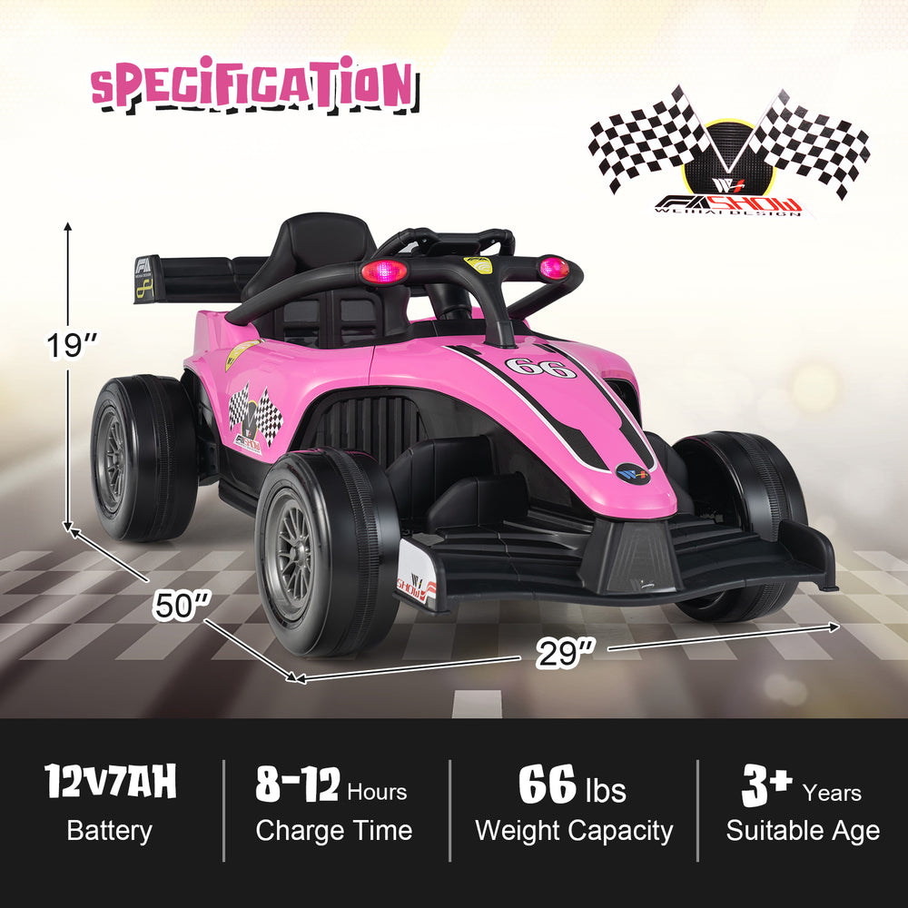 Side view of the pink 12V kids ride-on electric Formula racing car, highlighting its sporty design and comfortable.