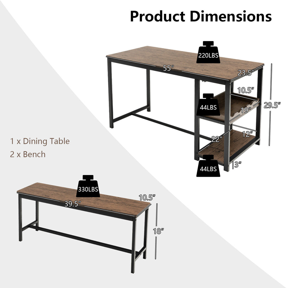 Dimensions of the 3-piece dining table set with wine rack, featuring a brown tabletop and sturdy steel frame.