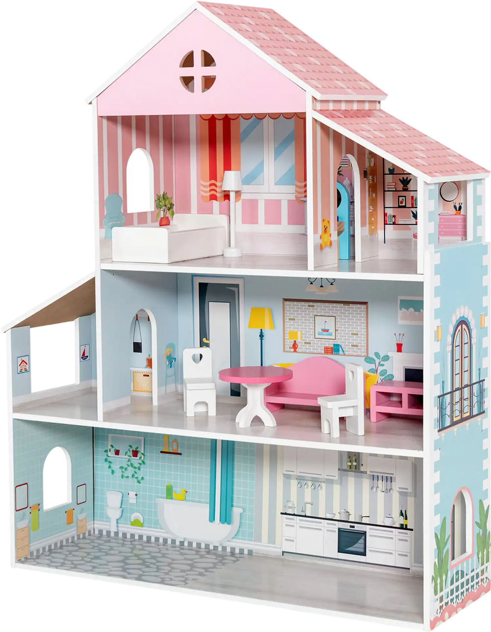 3-Tier Toddler Doll House with Furniture Gift for Age over 3