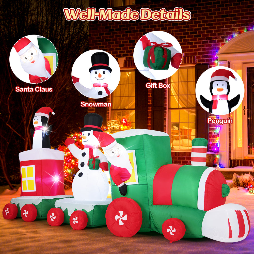 Christmas inflatable train featuring Santa Claus, snowman, and penguin, made of weather-resistant polyester for outdoor.
