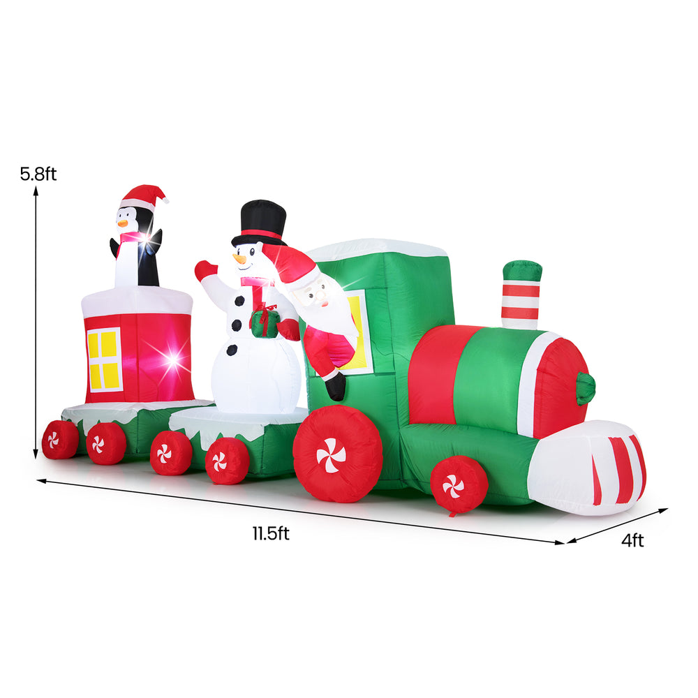 Inflatable 11.5 FT Christmas train featuring Santa Claus, snowman, and penguin, with LED lights for outdoor display.