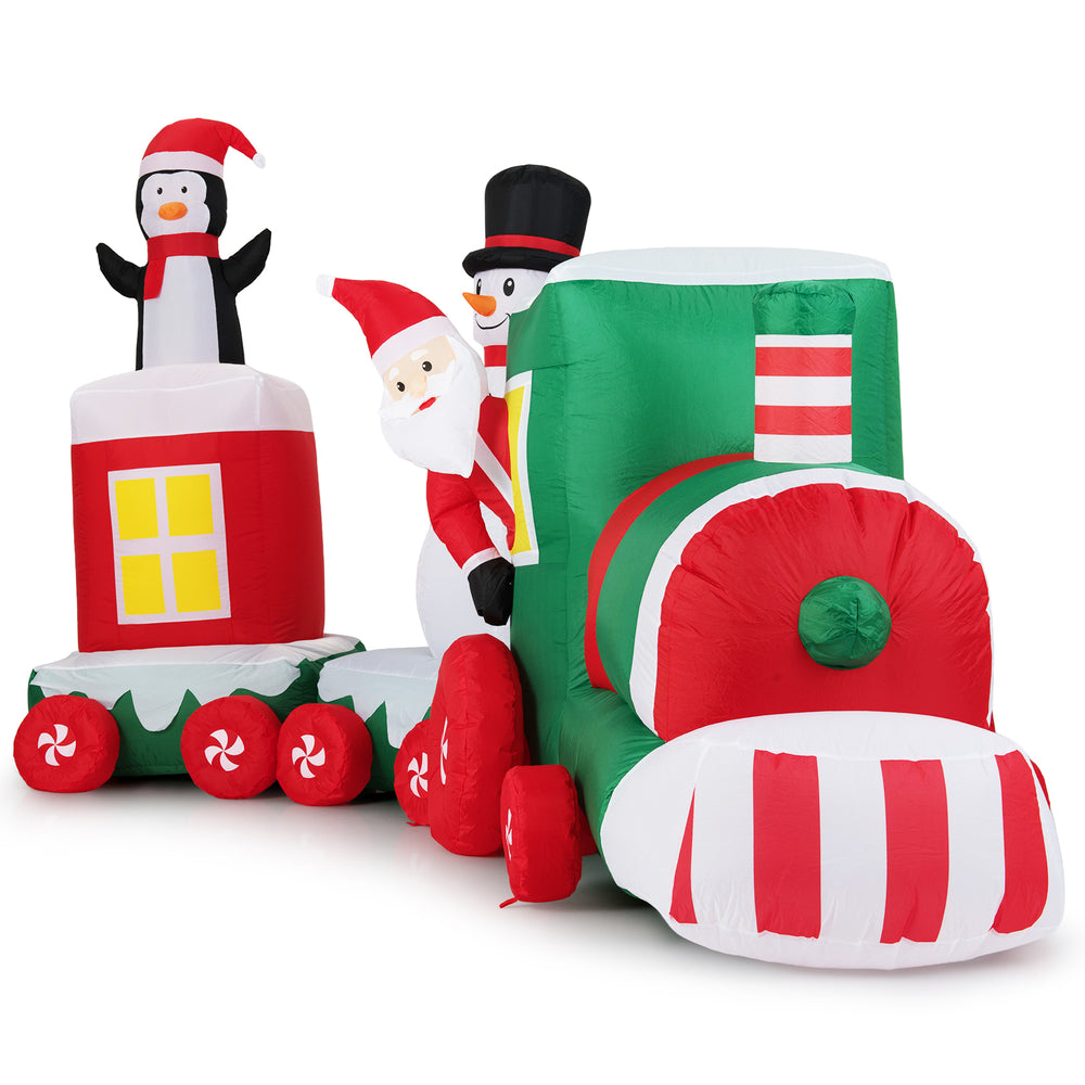 Christmas inflatable train featuring Santa Claus, a snowman, and a penguin, made with weather-resistant fabric for.