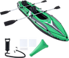 Green inflatable kayak for 2 persons, featuring a streamlined design and durable construction, perfect for serene water.