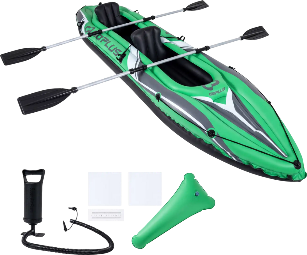 Green inflatable kayak for 2 persons, featuring a streamlined design and durable construction, perfect for serene water.